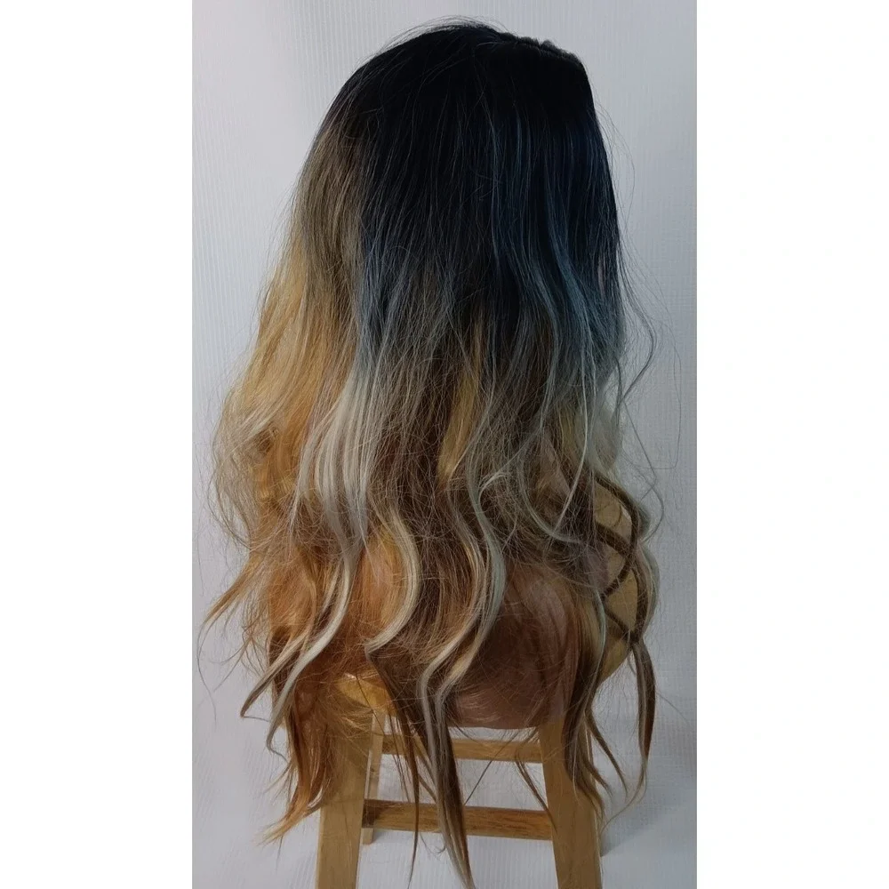 Women's Wavy synthetic layered Ombre Light Copper Brown middle part hair wig 25